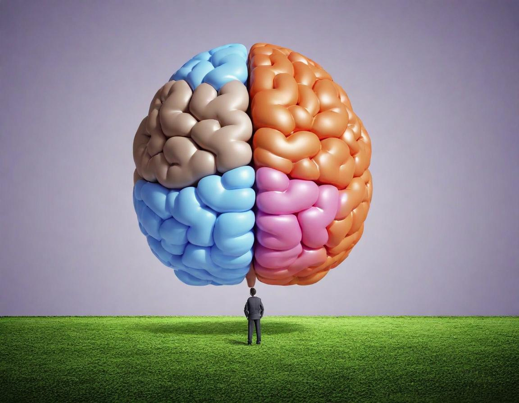 A person standing on grass beneath a large colorful brain