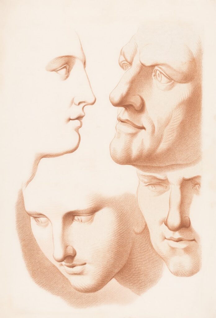 A pencil sketch of several overlapping faces