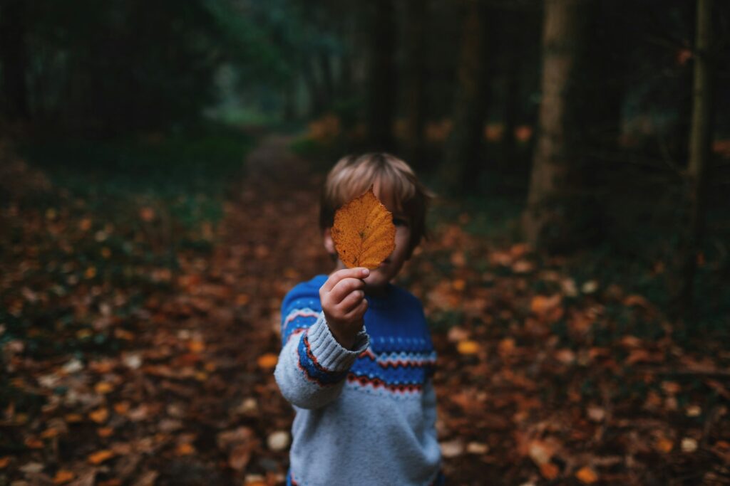 A small child in an autumn forest reaching out a hand
